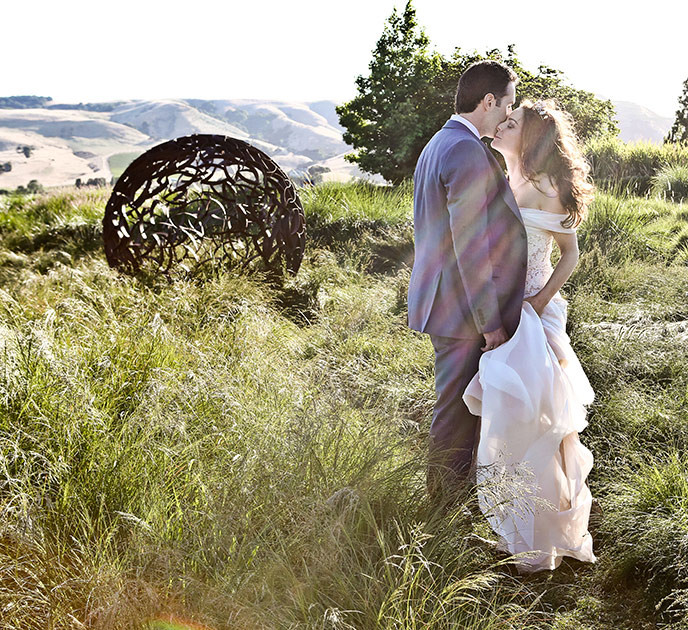 Couple embracing on their wedding day